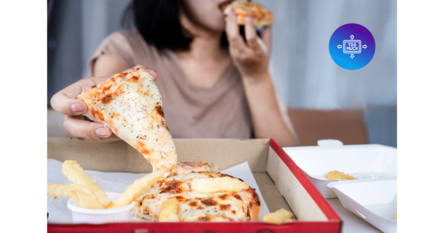 woman eating 2 pieces of takeaway pizza