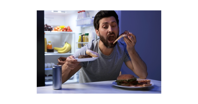 man eating unhealthy food from fridge