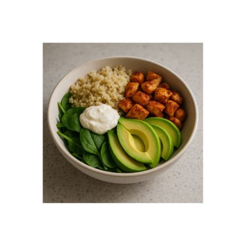 chicken, quinoa and avocado bowl with yoghurt