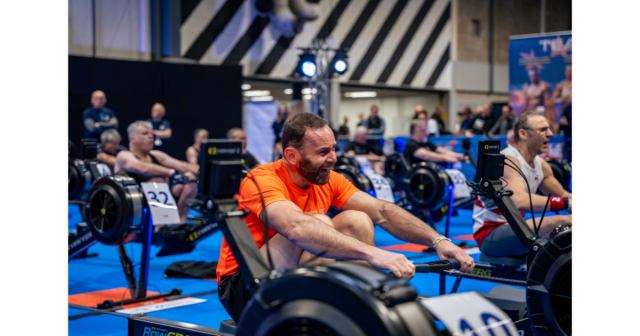 Tony Larkman racing at British Indoors winning gold in 55-59 age cat