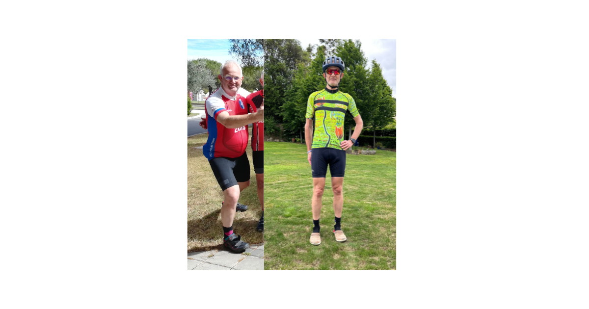 2 photos Edward 2017 Edward 2025 22kgs lighter in cycling kit
