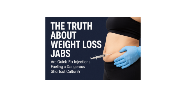 white female in black crop top with injection needle in abdomen