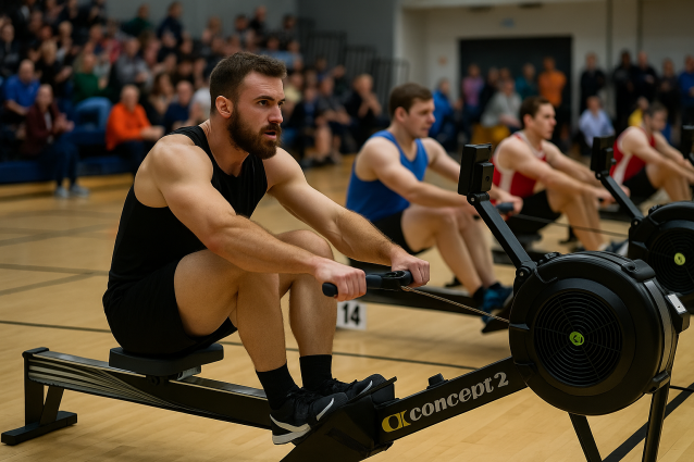 Male athletes competing in an indoor rowing race on Concept2 RowErgs at the Australian Indoor Rowing Championships