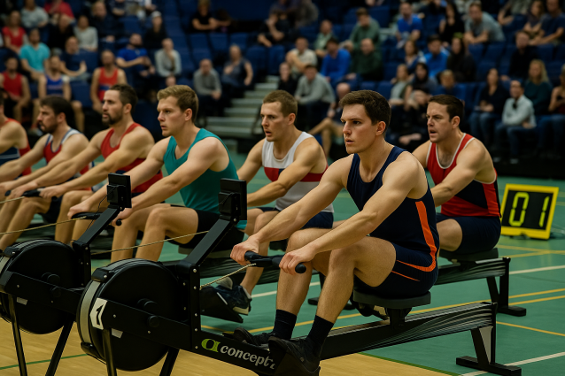 Rowers at the start of an indoor rowing race on Concept2 RowErgs
