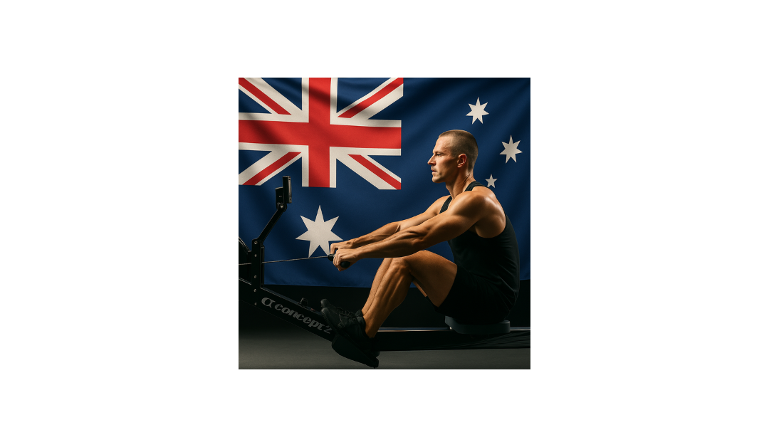 Male athlete rowing on a Concept2 machine in front of the Australian flag