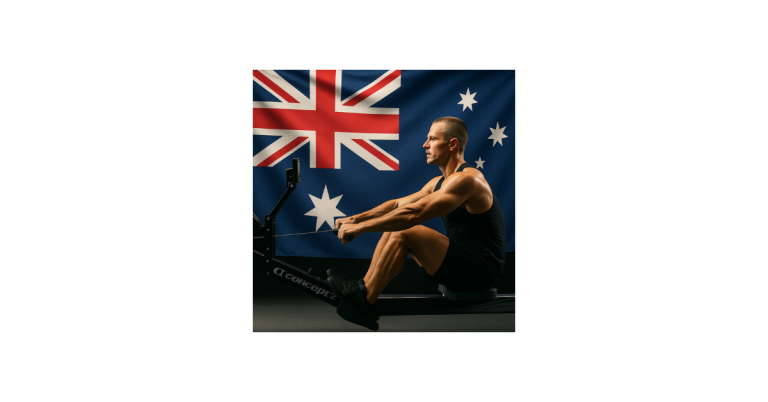Male athlete rowing on a Concept2 machine in front of the Australian flag