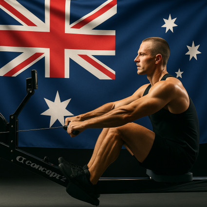 Male athlete rowing on a Concept2 machine in front of the Australian flag