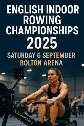 Athlete rowing on Concept2 machine with English Indoor Rowing Championships 2025 event title, date, and Bolton Arena location overlay