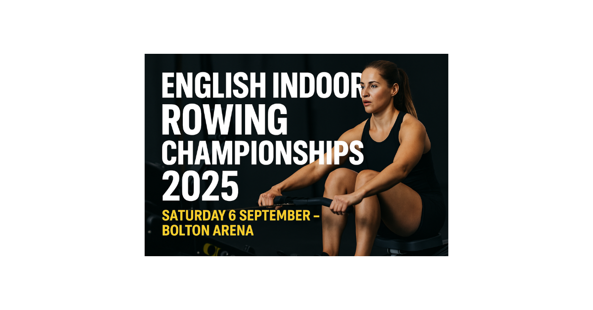 Female athlete rowing on Concept2 machine with event details for the English Indoor Rowing Championships 2025 at Bolton Arena