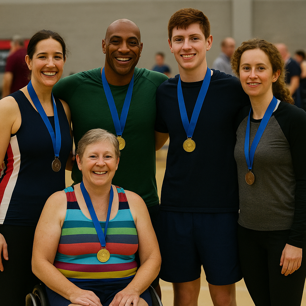 Group of diverse indoor rowing athletes of different ages and abilities celebrating with medals after competition