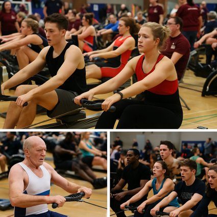 Collage of athletes competing in indoor rowing events, including sprint, endurance, and team relay races