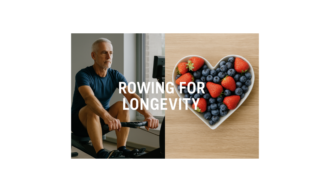 Featured image with masters rower on indoor rowing machine and a heart-shaped bowl of fruit symbolising longevity and health