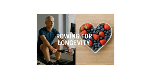 Featured image with masters rower on indoor rowing machine and a heart-shaped bowl of fruit symbolising longevity and health
