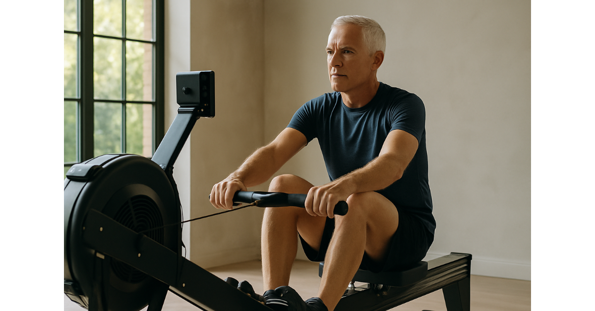 Older masters athlete training on an indoor rowing machine for longevity and heart health