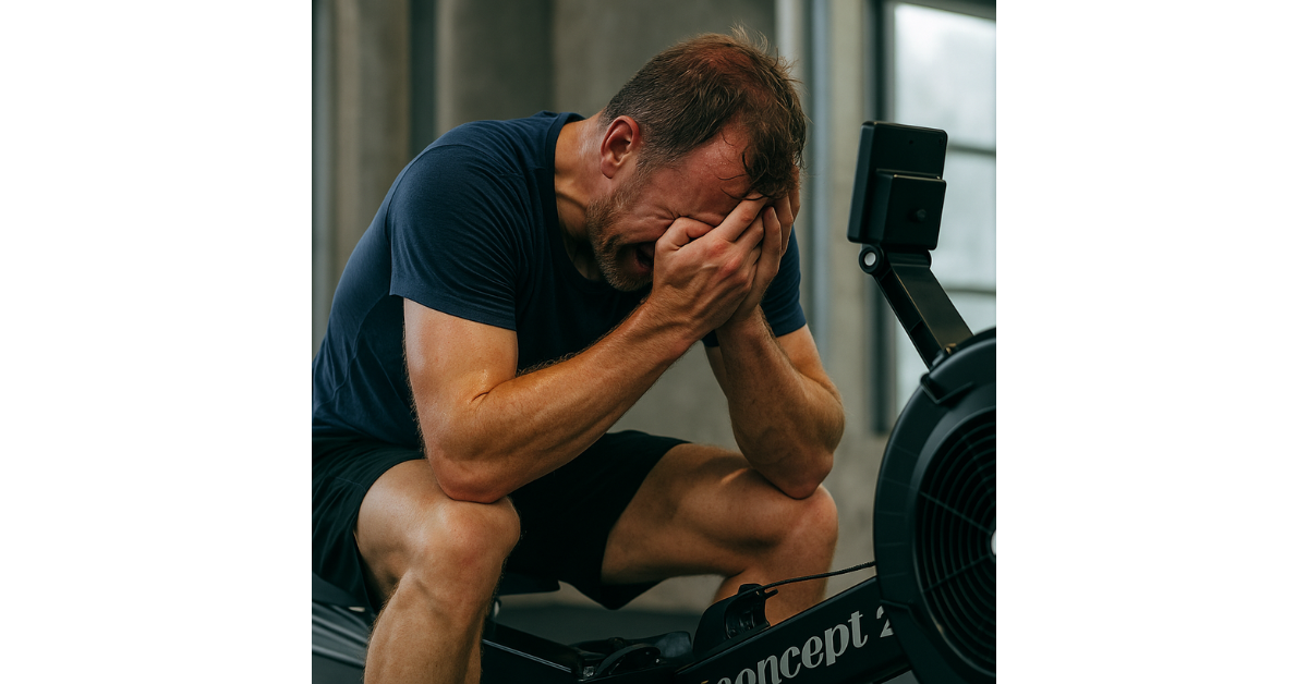 Exhausted athlete on Concept2 rowing machine showing overtraining from excessive Zone 3 and Zone 4 rowing sessions
