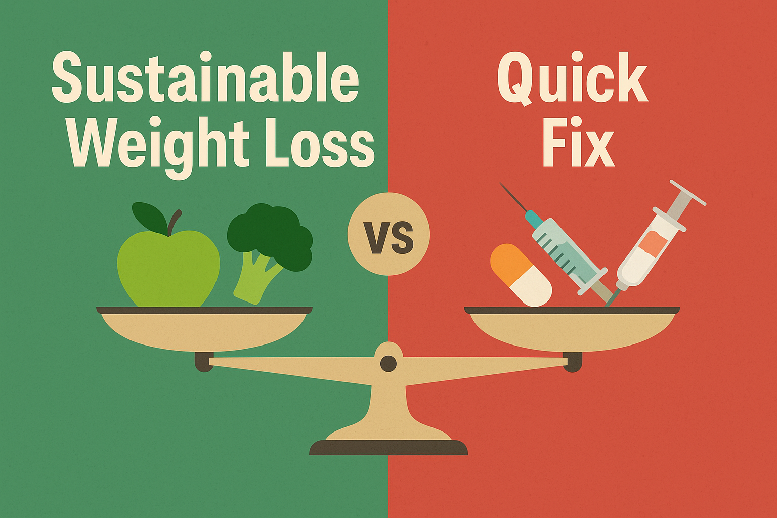 Balanced scale comparing sustainable weight loss with healthy foods to quick-fix solutions like injections and pills