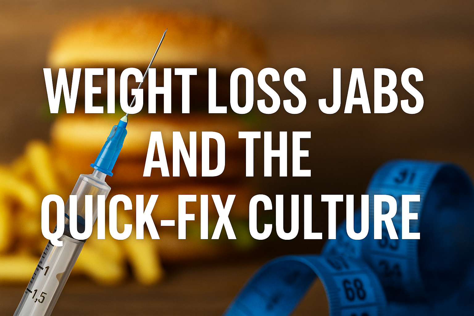 Syringe and measuring tape with burger and fries in background, overlaid with text “Weight Loss Jabs and the Quick-Fix Culture”