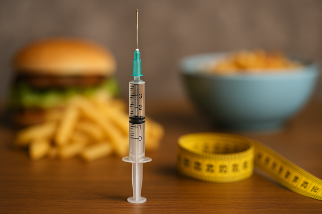 Syringe with blurred fast food and measuring tape in background, symbolizing quick-fix weight loss injections