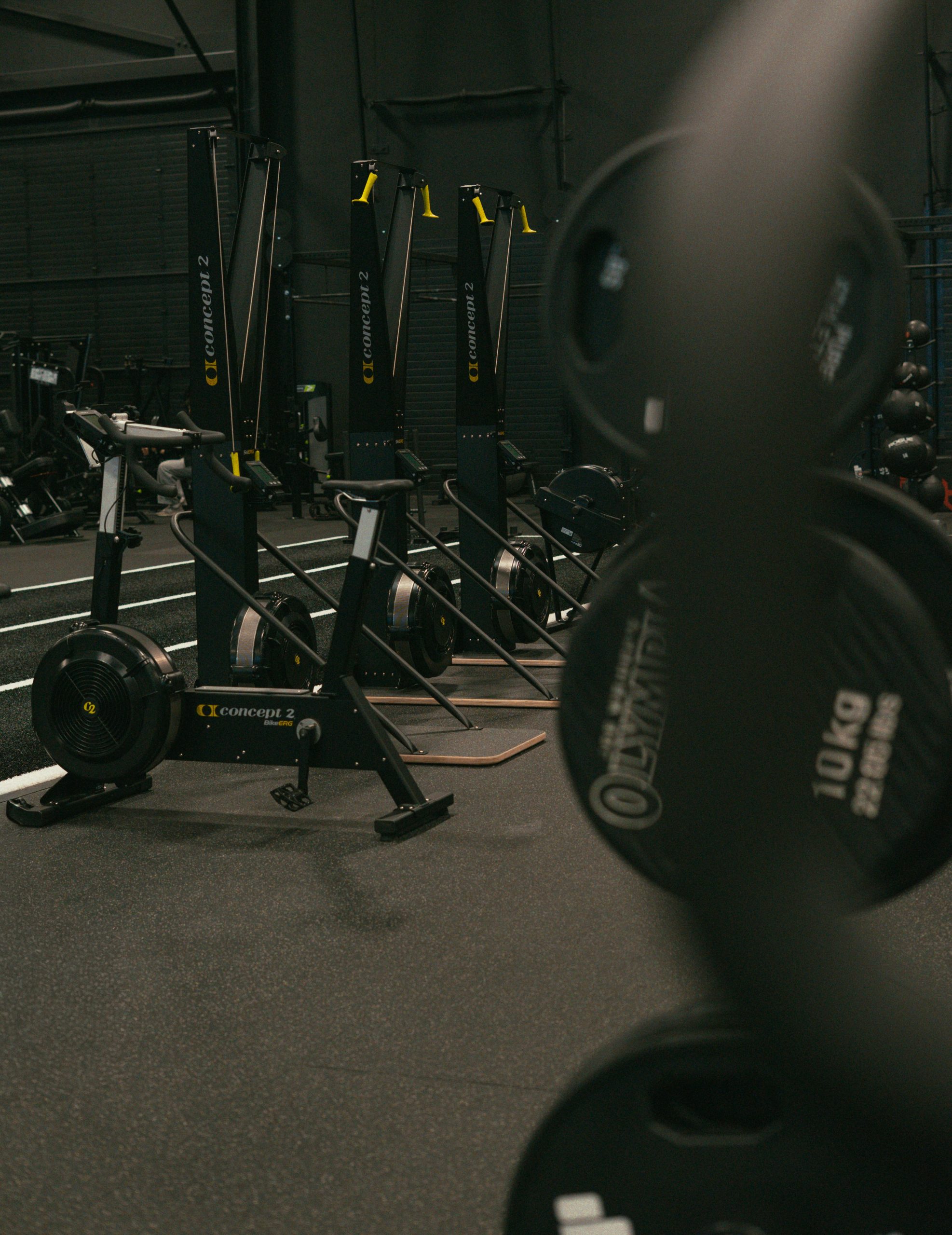 Concept2 SkiErg and BikeErg positioned alongside free weights and an indoor track in a modern functional training gym