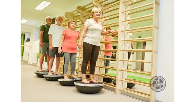 Adults over 50 performing balance training exercises to improve stability, mobility and reduce the risk of falls.