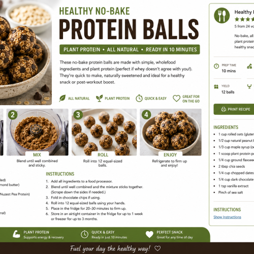 Healthy no-bake plant protein balls made with oats, dates, peanut butter and Nuzest protein