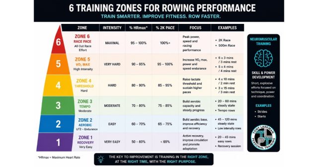 Six rowing training zones showing recovery, aerobic, tempo, threshold, VO2 max and race pace training for improving 2K rowing performance.