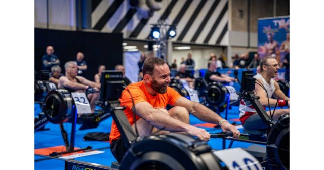 Tony Larkman competing at the British Rowing Indoor Championships 2024 during a 2K indoor rowing race