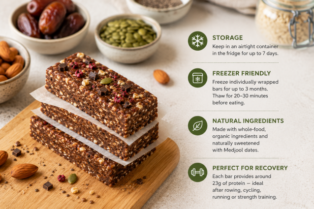 Stack of homemade organic protein bars with storage tips, freezing advice and healthy ingredient information.