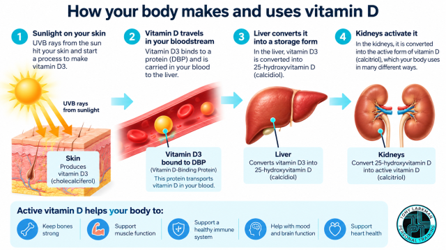 Diagram showing how UVB sunlight helps the skin produce vitamin D3, which is transported through the blood, processed by the liver and activated by the kidneys.