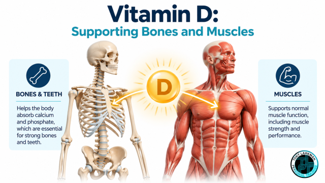 Vitamin D infographic showing a human skeleton and muscular system, illustrating its role in calcium absorption, bone health and normal muscle function.
