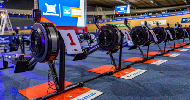 rowing machines lined up in the velodrome