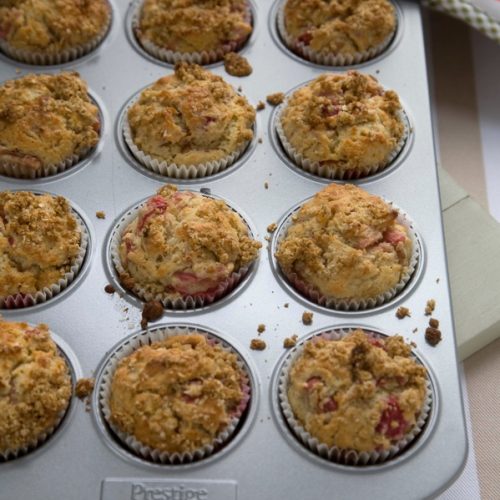 rhubarb and ginger muffins in muffin tray