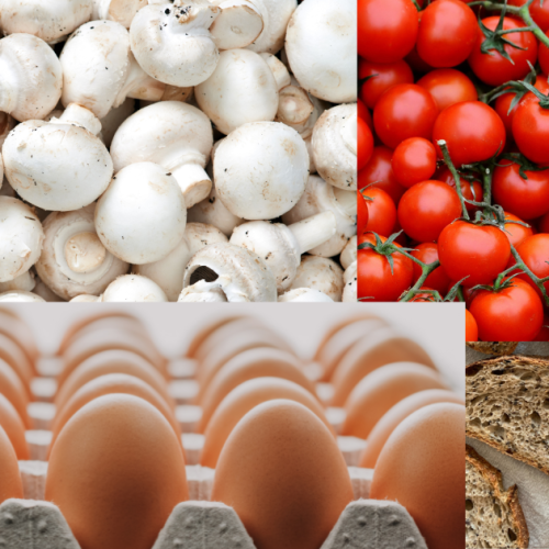 mushrooms, cherry tomatoes, eggs and sourdough bread