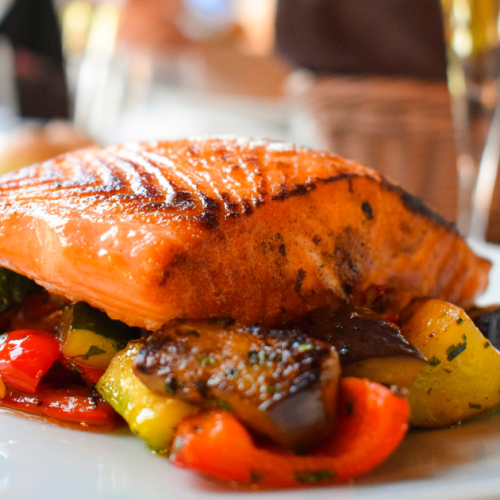 roasted salmon on roasted vegetables