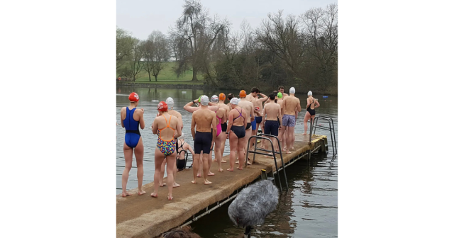 The Ponds (2018) Netflix documentary. Swimmers getting ready to dive into the cold lake.