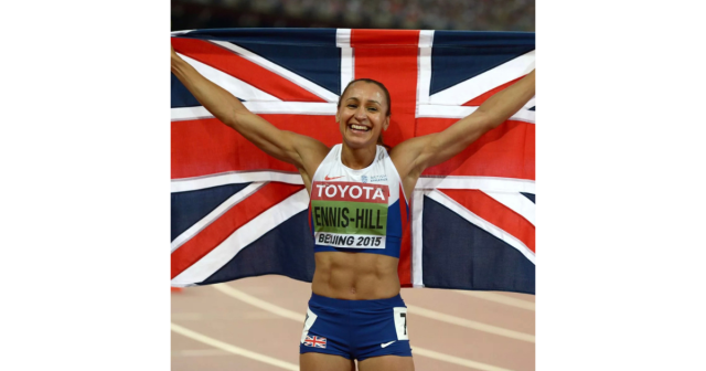 Jessica Ennis-Hill with the GB flag after winning her race
