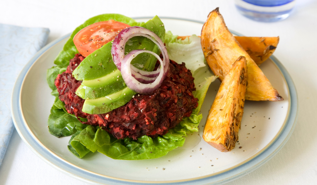 Beetroot and Bean Burger with Sweet Potato Wedges