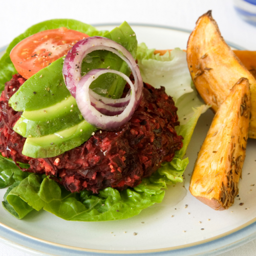Beetroot and Bean Burger with Sweet Potato Wedges