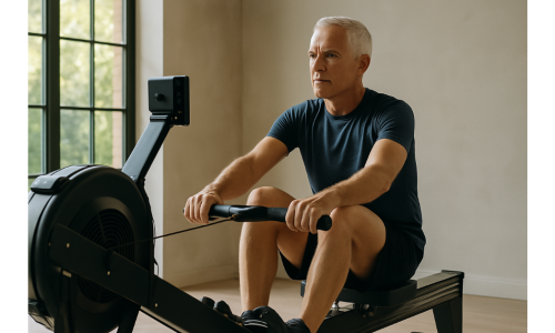 Older masters athlete training on an indoor rowing machine for longevity and heart health