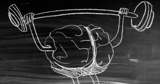 blackboard drawing of a brain lifting a barbell