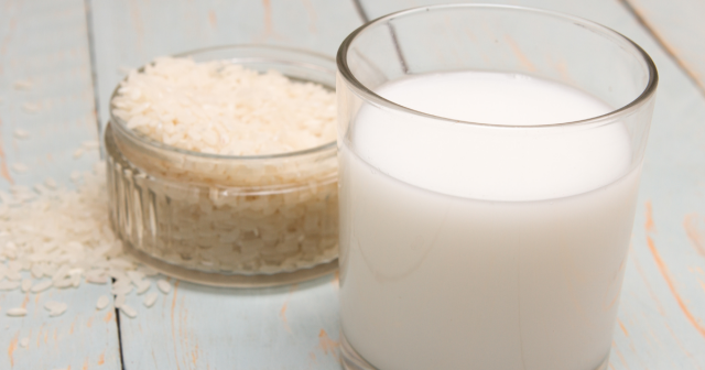 glass of rice milk and bowl of rice